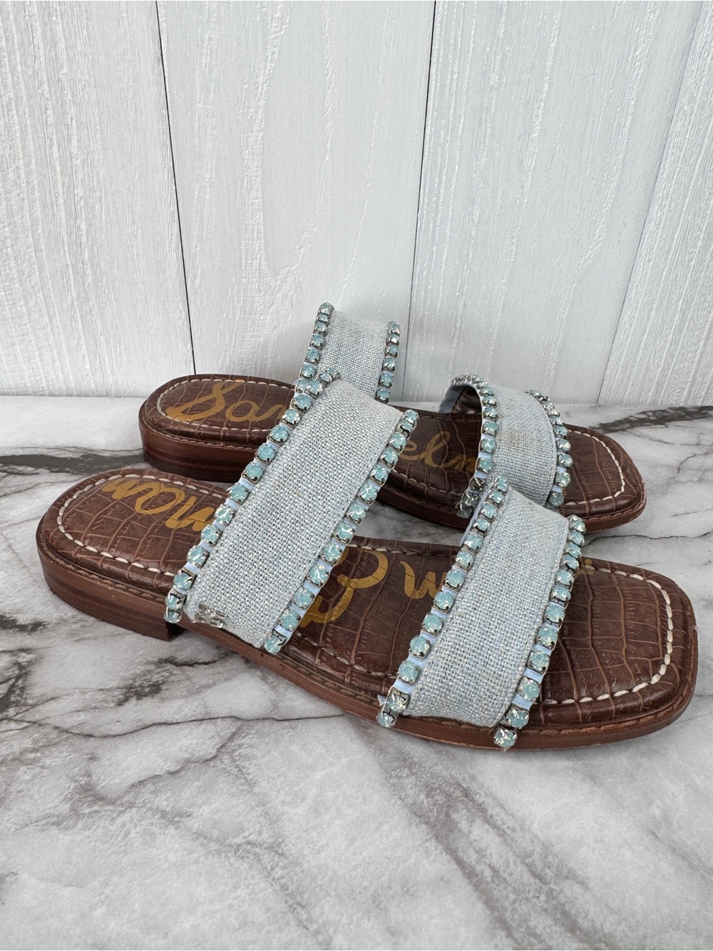 Sam Edelman Light Blue Square Toe Crystal Double-Band Slide Sandals 7M